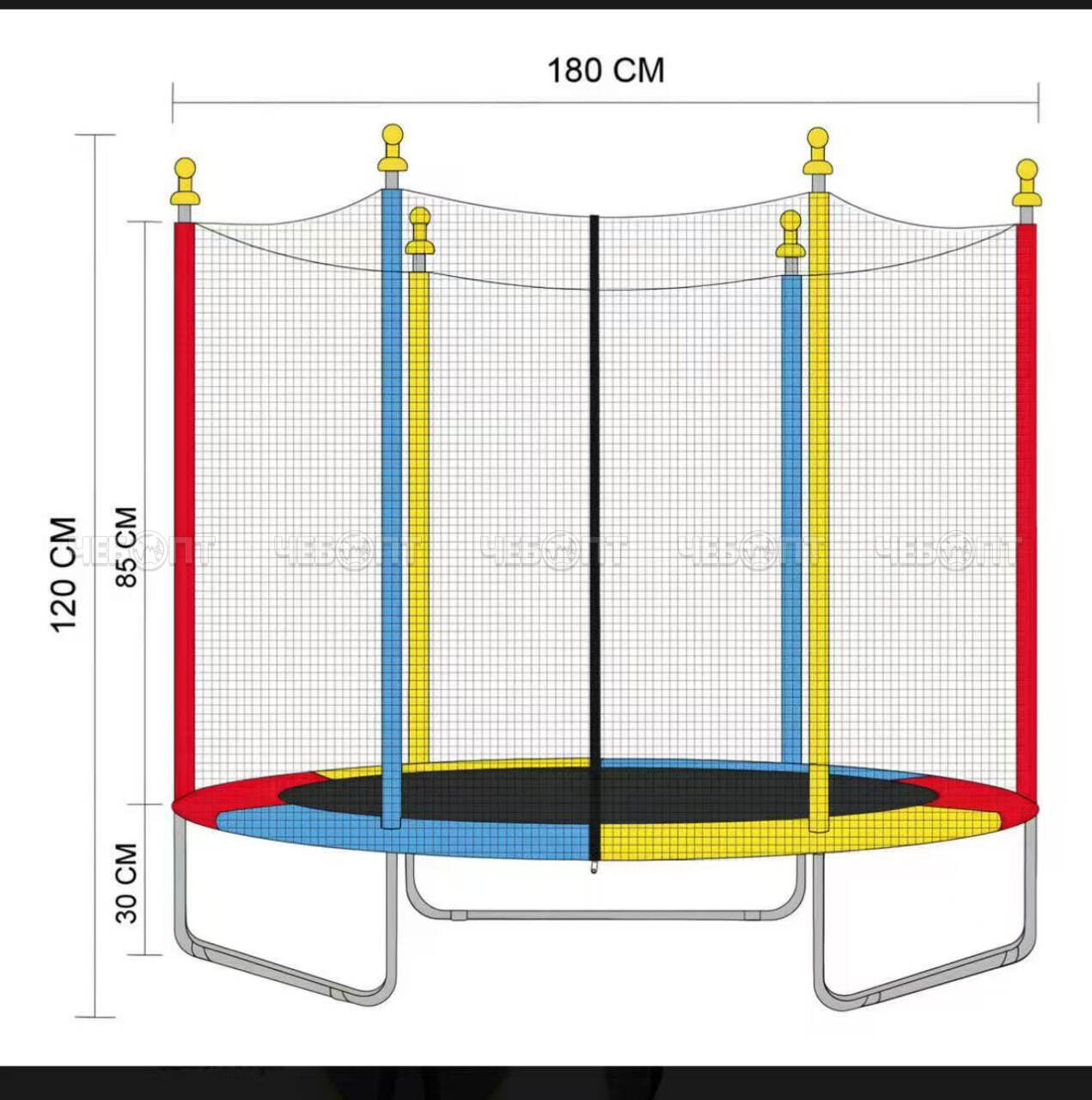 Батут каркасный с защитной сеткой для дачи, d 180 см, h сетки 85 см, общая h 120 см, максимальная нагрузка 150 кг арт. 300824 $ [1] GOODSEE. ЧЕБОПТ.