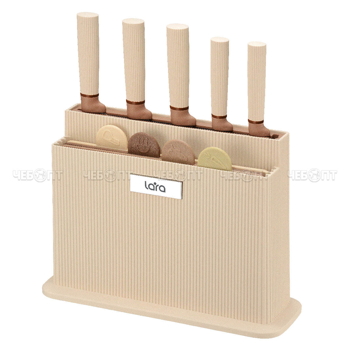 Набор ножей и досок 10 предметов LARA (5 ножей с пластиковой ручкой, 4 разделочные доски, подставка) арт. LR05-77 [6]. ЧЕБОПТ.