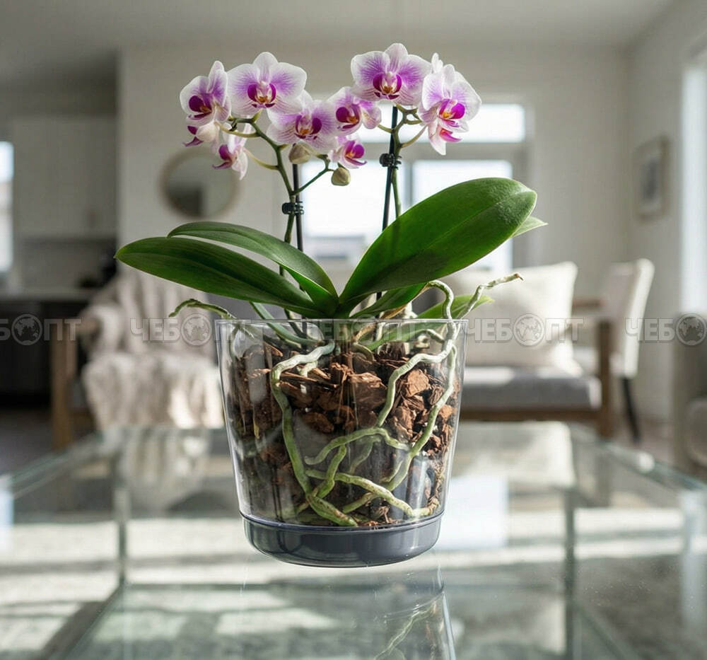 Кашпо для цветов 3 л ОРХИДЕЯ пластик 180 мм с поддоном ПРОЗРАЧНЫЙ арт. М 3051 [12] М-ПЛАСТИКА. ЧЕБОПТ.