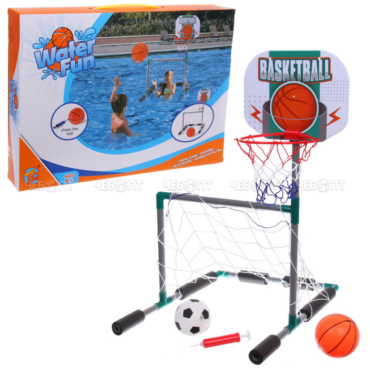 Набор игровой для бассейна 2 в 1 ZG270-261: ворота с кольцом 45*55*70 см,сетка,2 мяча 12/16 см,насос, арт. 816-033 [36] РЦ ВОСТОК. ЧЕБОПТ.