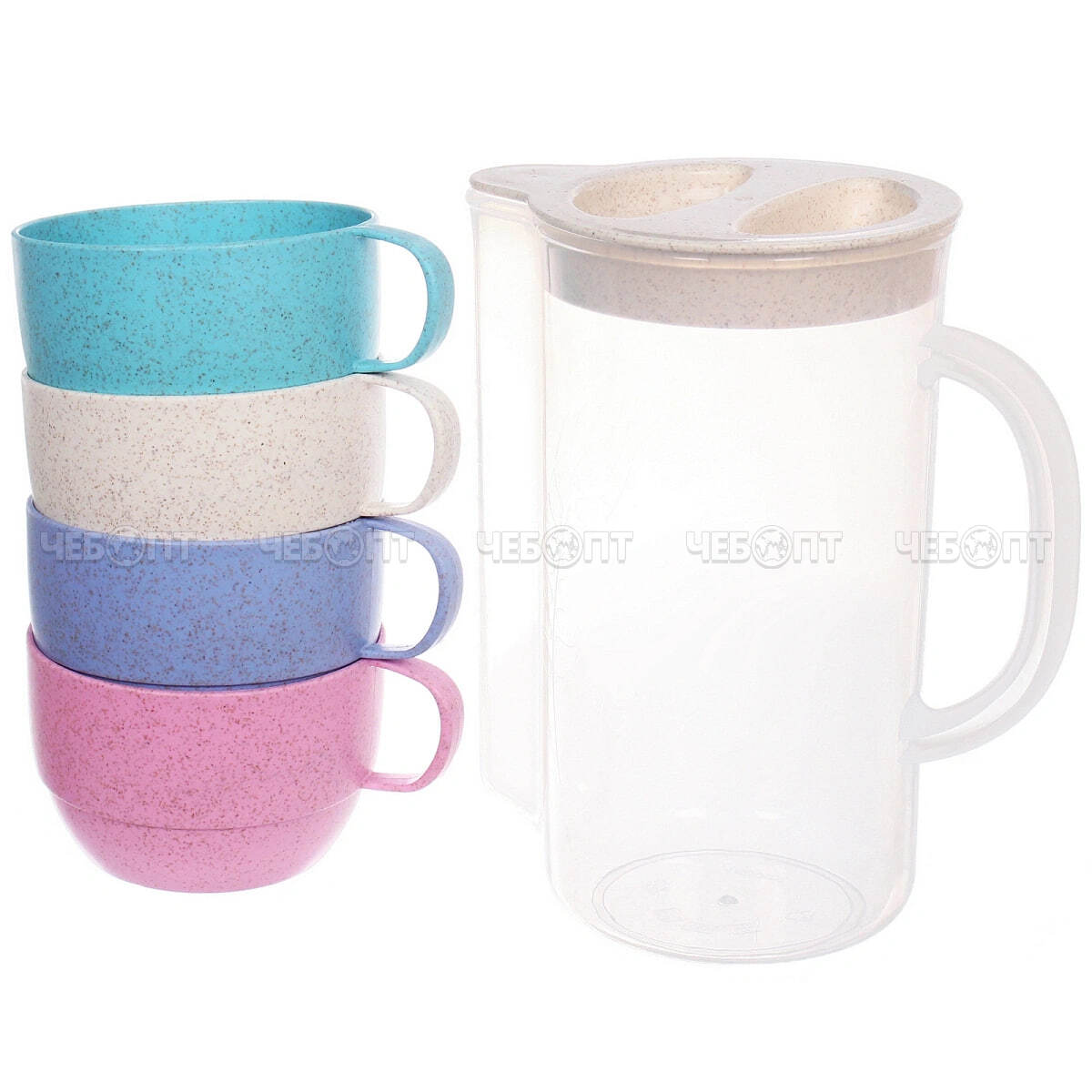 Кувшин 1600 мл пластиковый ЭКОЛАЙФ в наборе с 4-мя кружками 330 мл, арт. 728-101 [54] РЦ ВОСТОК. ЧЕБОПТ.