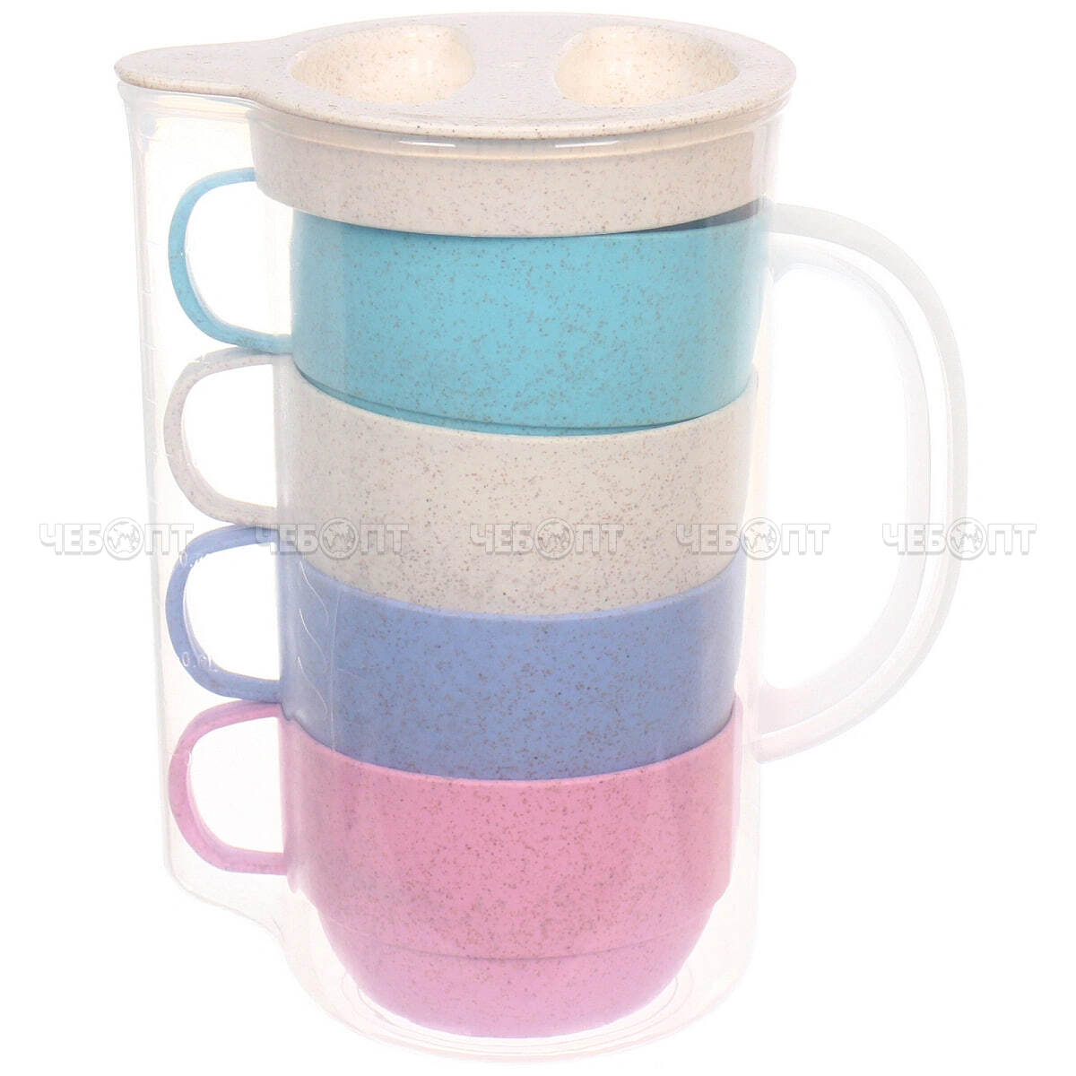 Кувшин 1600 мл пластиковый ЭКОЛАЙФ в наборе с 4-мя кружками 330 мл, арт. 728-101 [54] РЦ ВОСТОК. ЧЕБОПТ.