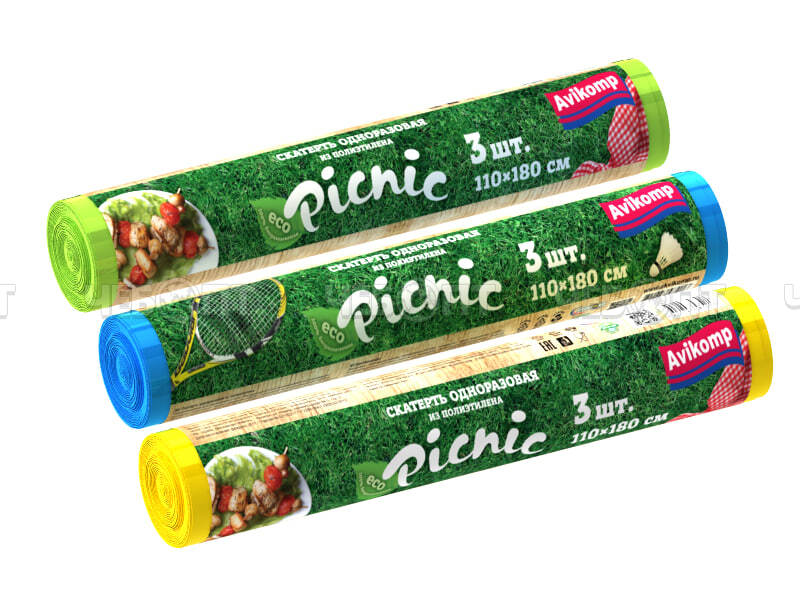 Скатерть одноразовая набор их 3 шт 110*180 см без рисунка, в рулоне 3 шт Picnic AVIKOMP, цвет желтая, голубая, салатовая арт. 5217 [30] АВИКОМП. ЧЕБОПТ.