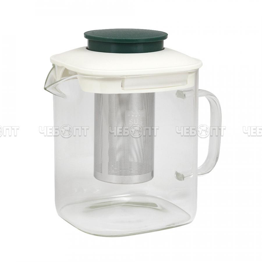 Чайник заварочный стеклянный (жаропрочное стекло) 900 мл с металлическим ситечком, пластиковой крышкой и ручкой арт. AST-006-SY-907 [48] КАТУНЬ. ЧЕБОПТ.