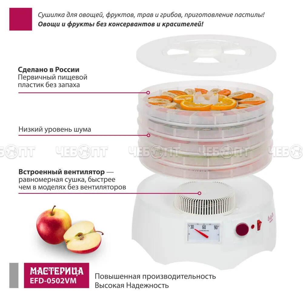 Электросушилка МАСТЕРИЦА EFD-0502VM для овощей и фруктов, 5 прозр. подносов +1 подд. для пастилы возможность регулировки темп. внутри мощн 280 Вт [1]. ЧЕБОПТ.
