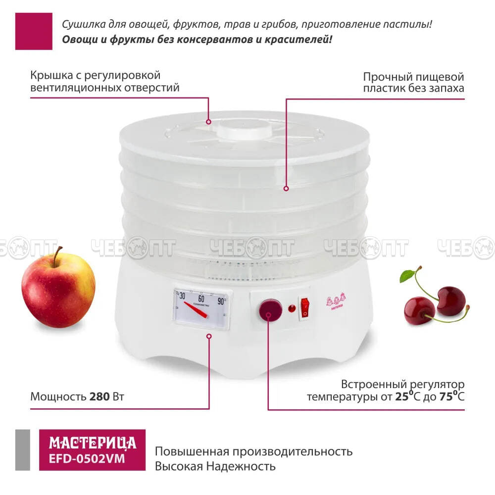 Электросушилка МАСТЕРИЦА EFD-0502VM для овощей и фруктов, 5 прозр. подносов +1 подд. для пастилы возможность регулировки темп. внутри мощн 280 Вт [1]. ЧЕБОПТ.