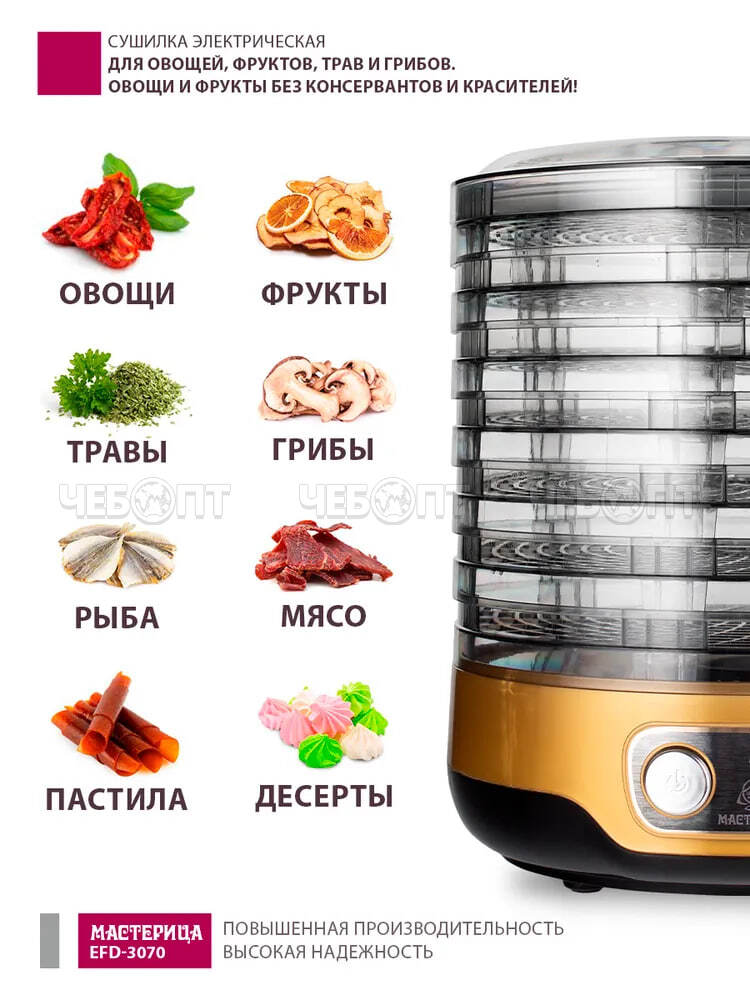 Электросушилка МАСТЕРИЦА EFD-3070 для овощей 7 тонированных подносов +2 подд. для пастилы возможность регулировки темп. внутри мощн 250 Вт [1]. ЧЕБОПТ.
