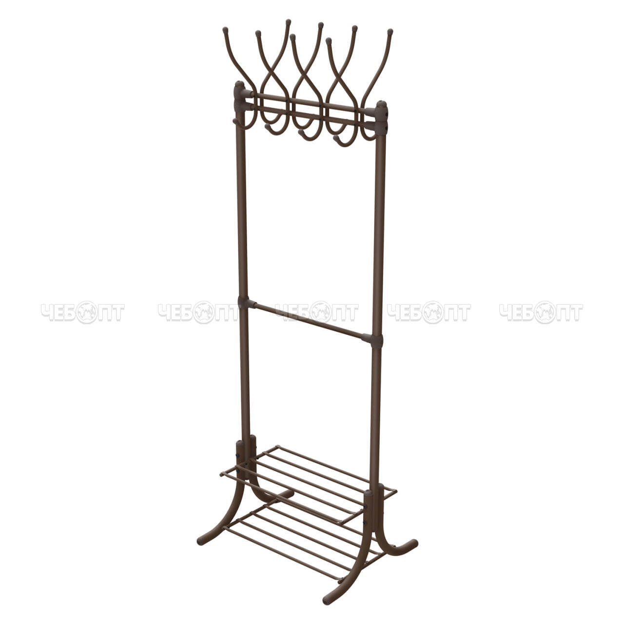 Вешалка напольная металлическая для одежды гардеробная с полками КОРИЧНЕВЫЙ 610*510*1765мм (8 крючков+2полки) нагрузка до 30кг арт. ВГП60-8/К NIKA [1]. ЧЕБОПТ.