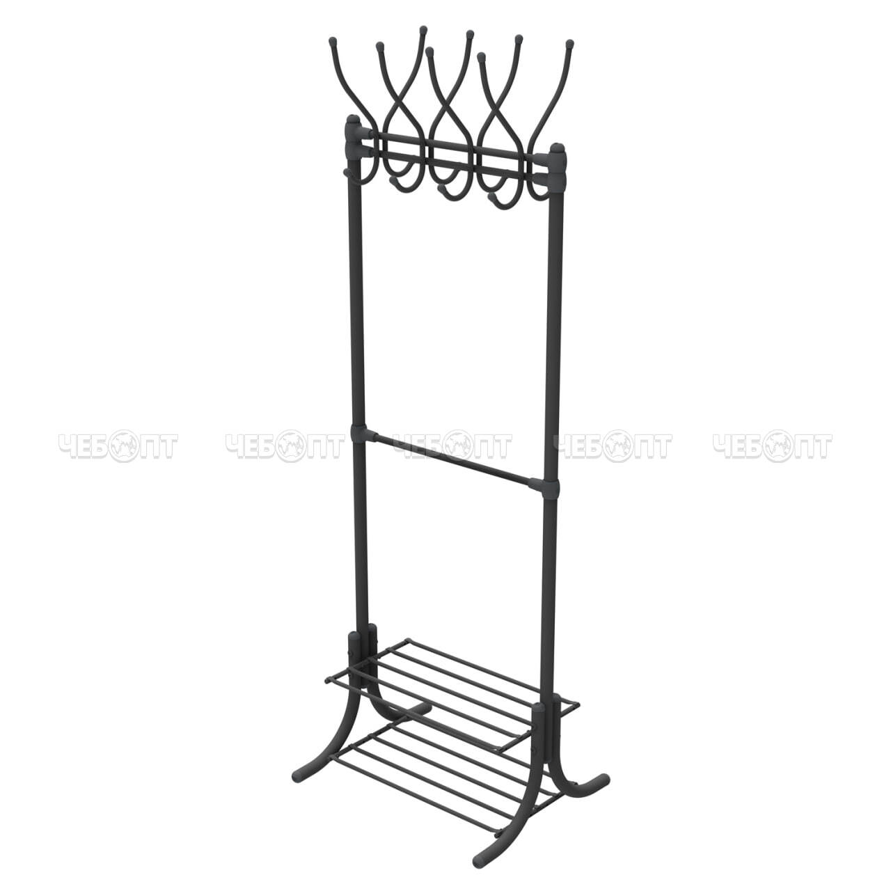 Вешалка напольная металлическая для одежды гардеробная с полками ЧЕРНЫЙ 610*510*1765мм (8 крючков+2полки) нагрузка до 30кг арт. ВГП60-8/Ч NIKA [1]. ЧЕБОПТ.