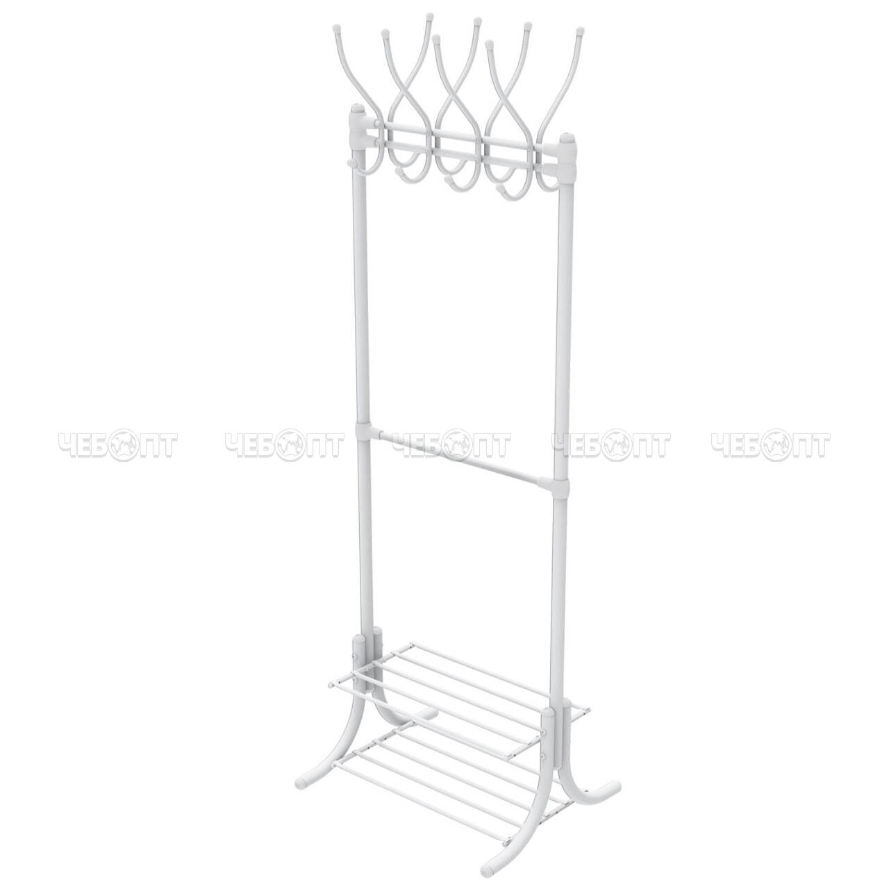 Вешалка напольная металлическая для одежды гардеробная с полками БЕЛЫЙ 610*510*1765мм (8 крючков+2полки) нагрузка до 30кг арт. ВГП60-8/МБ NIKA [1]. ЧЕБОПТ.