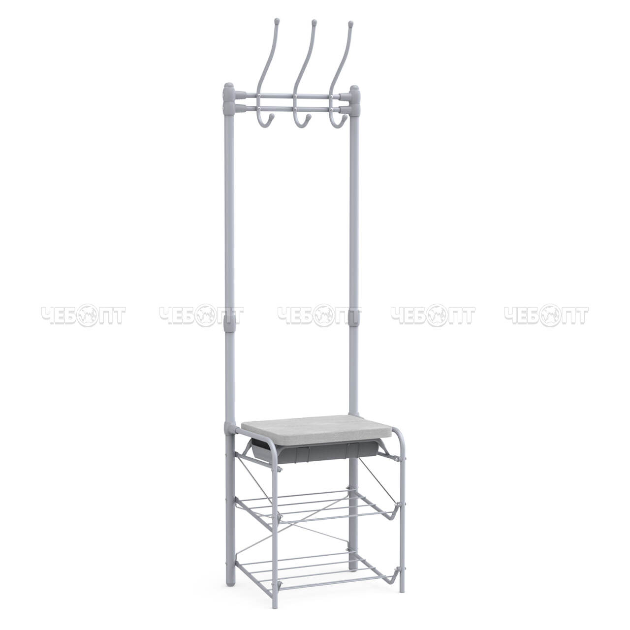 Вешалка напольная металлическая для одежды гардеробная СЕРЫЙ 475*335*1890мм (3 крючков + 2 полки) нагрузка до 30 кг арт. ВПШ3/МС-К NIKA [1]. ЧЕБОПТ.