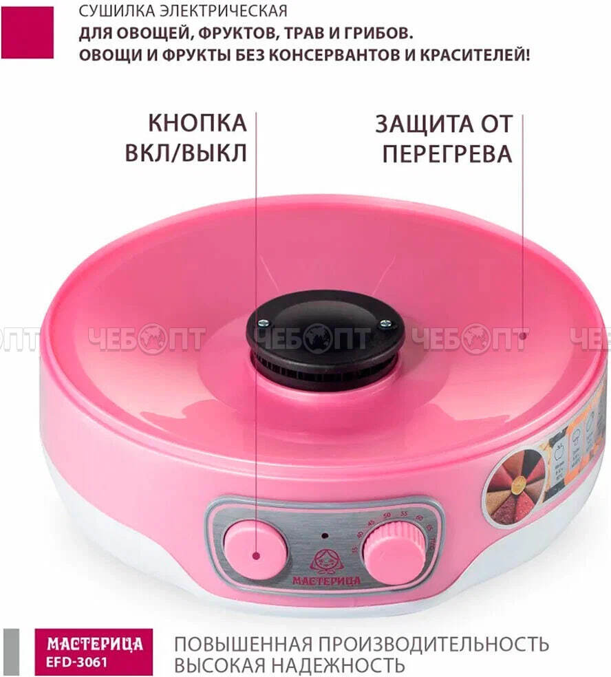 Электросушилка МАСТЕРИЦА EFD-3061 для овощей 6 поддонов +1 поддон для пастилы, возможность регулировки темп. внутри мощн 250 Вт [1]. ЧЕБОПТ.