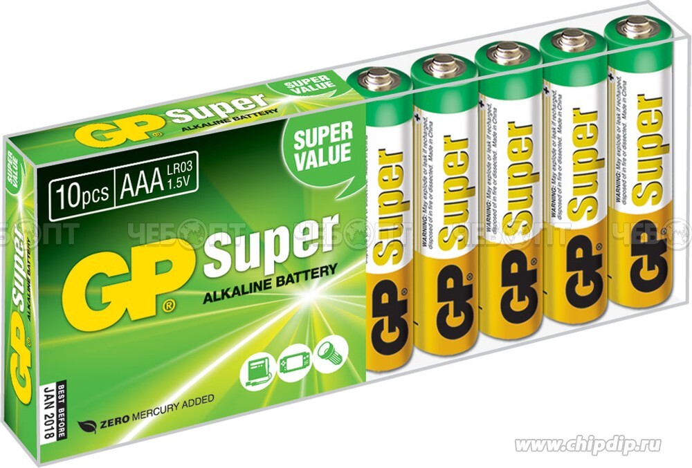 Батарейки алкалиновые GP SUPER G-TECH 24A LR03/286/AAА мизинчиковые, в спайке 10 шт арт. 913587 [40/800]. ЧЕБОПТ.