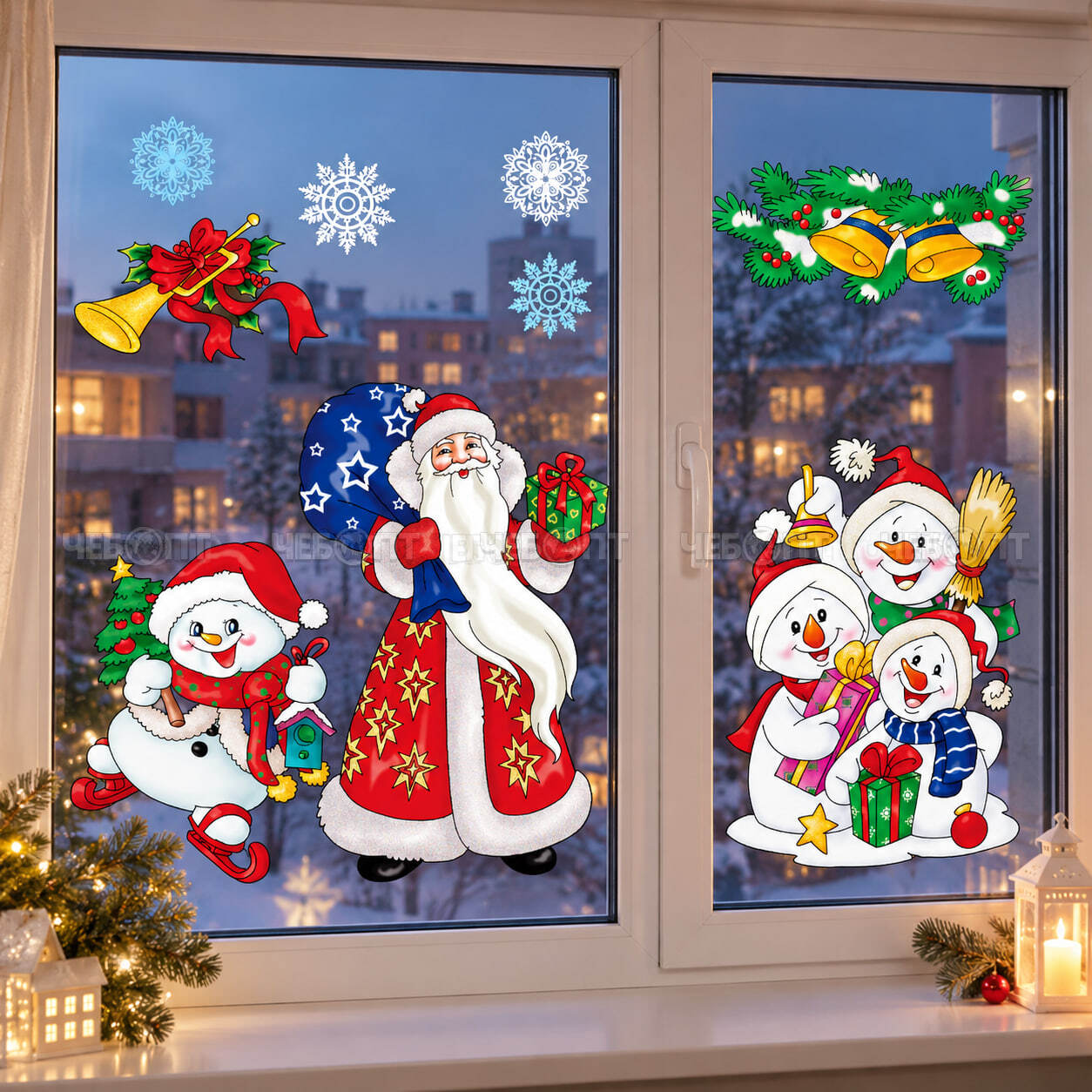 Наклейки новогодние на стекло СНЕЖНАЯ КОМПАНИЯ 60*45 см арт. 301099 $ [240] GOODSEE. ЧЕБОПТ.