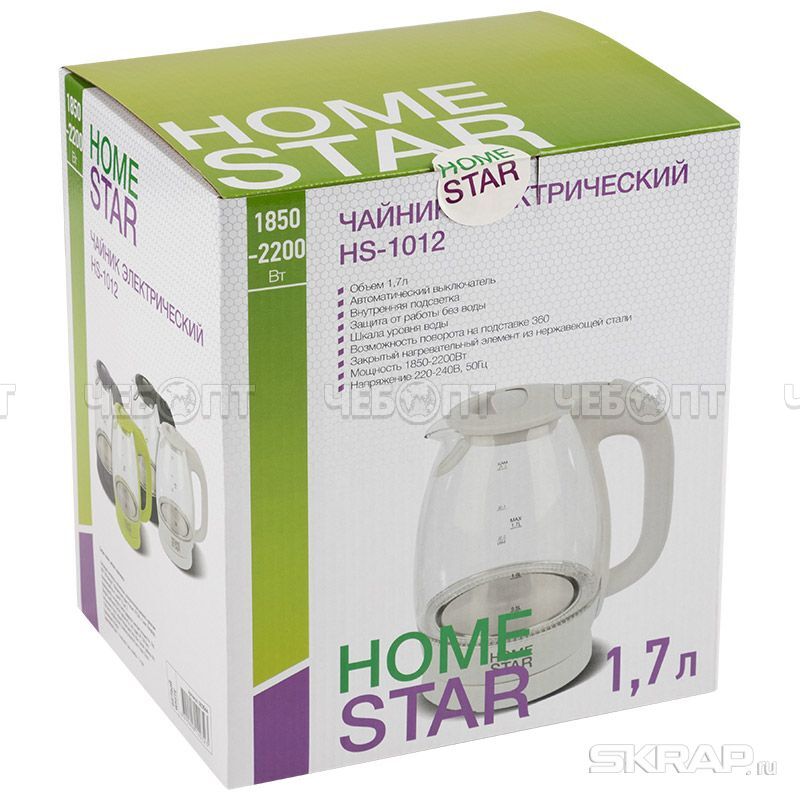 Чайник электрический 1,7 л стеклянный (жаропрочное стекло) HomeStar HS-1012, мощность 1850-2200 Вт арт. 003566 [6] СКРАП. ЧЕБОПТ.