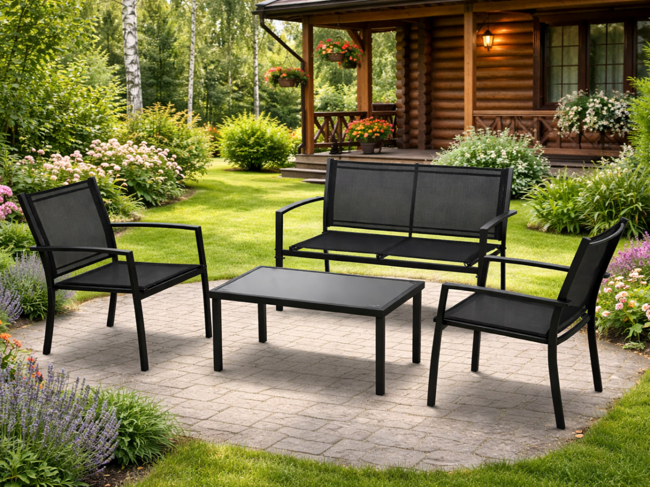Набор садовой мебели: стол стеклянный - 900*500*410 мм, кресло 2 шт - 600*625*780 мм, диван - 1070*625*780 мм, ЧЕРНЫЙ арт. 290057 $ [1] GOODSEE. ЧЕБОПТ.