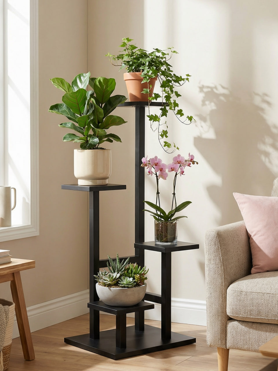 Подставка для цветов 4 полки, напольная металлическая, размер 230*340*800 мм, цвет серый мрамор арт. 300796-M $ [10] GOODSEE. ЧЕБОПТ.